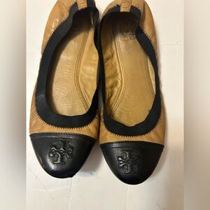 Tory Burch Tan and Black Leather Flats
